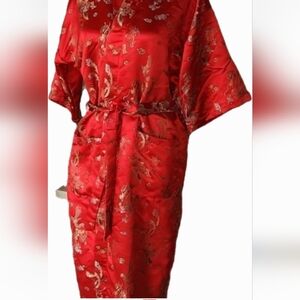 Vintage Plants 100% silk kimono size M robe red gold dragons w belt pockets